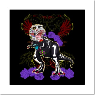 Day of Dead Sugar Skull T-Rex Halloween Dinosaur Posters and Art